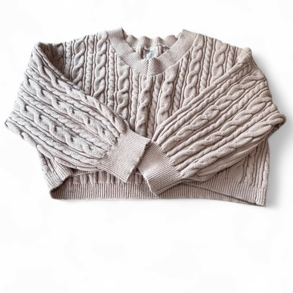 AS Revival Cable Knit Cropped Sweater Taupe Mauve V-Neck Balloon Sleeve Large
